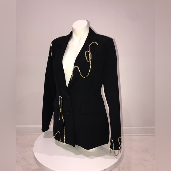 BNWT Custom OPEN EDIT Black Blazer Button Closure Crystal Trim Bling Ladies M